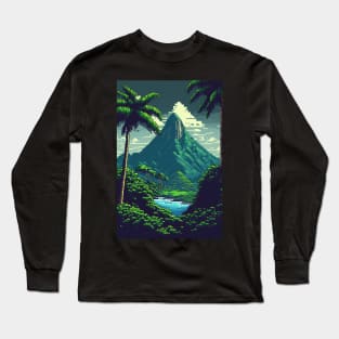 Hawaiian Landscape Pixel Art Island Mountains Long Sleeve T-Shirt